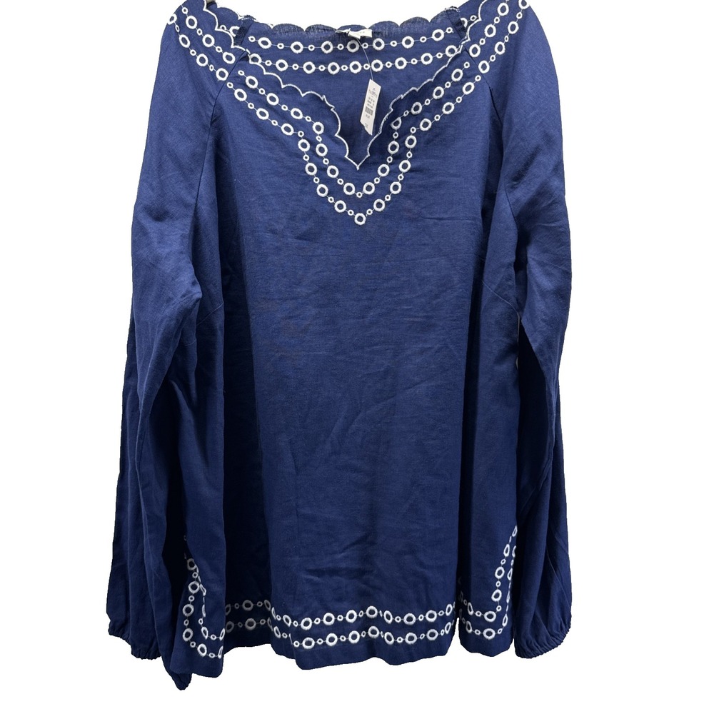 Talbots Women's Top Size 2X Blue White Linen Blend V Neck Embroidered NWT Slits